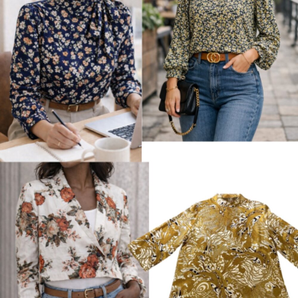 :  🌸✨ 4-Piece Floral Bundle (Size L / 12) – Blouses + Chic Blazer ✨🌸
